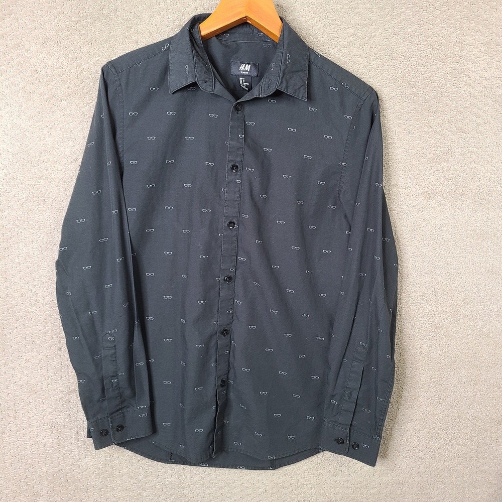 H&M Shirt Mens Small Black Eyeglasses Slim Fit Button Down Long Sleeve Casual